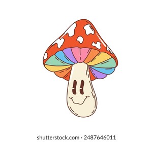 Retro groovy mushroom character. Isolated cartoon vector hippie, psychedelic amanita fungus with vibrant red dotted cap a chunky stem and colorful pulp. Whimsical fly agaric exuding nostalgic vibe