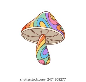 Símbolo hippie de seta retro y elegante. Vector de dibujos animados aislado amanita o mosca del hongo agaric con colorido, patrón psicodélico con remolinos vibrantes, Formas abstractas y colores brillantes en su tapa y tallo