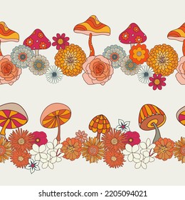 Retro Groovy Mushrooms and Flowers Vector Seamless Horizontal Borders Set