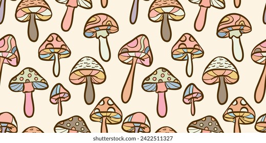 Retro groovy mushrooms seamless pattern, colorful vector background design