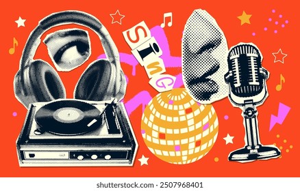 Retro groovy music collage elements set with mouth singing to microphone in halftone paper style, eye, retro mike and record player. Vintage vector stickers collection.