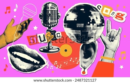 Retro groovy music collage elements set with sketch of microphone in halftone paper hand, singing lips, retro mike and hand with rock gesture. Vintage vector stickers collection.