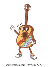 Retro groovy music guitar character singing a song or whistling a melody, vector funky emoji. Funny groovy cartoon hippie guitar musical instrument with rainbow and happy face for party emoticon