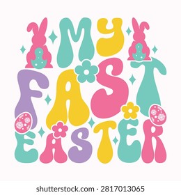 Retro groovy my first easter wavy typography graphic with typography colorful celebration cheerful seasonal lettering decorative firsteaster springtime illustration youthful creative