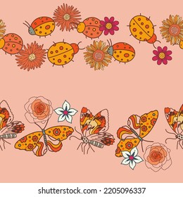 Retro Groovy Nature Garden Vector Seamless Horizontal Borders Set
