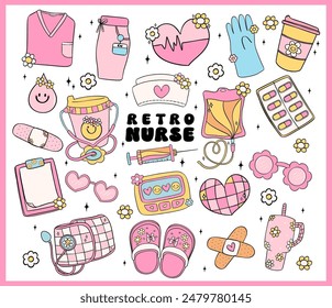 Retro groovy nurse life with vibrant pastel equipment doodle line drawings collection.