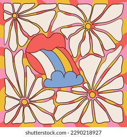 Retro groovy opened mouth with rainbow colored tongue sticking out ended by cloud. Hippy red open lips psychedelic poster with daisy flowers. Vintage positive hippie banner. Trendy y2k vector pop art