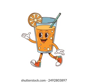 Retro groovy orange juice character. Isolated cartoon vector anthropomorphic glass of drink personage with cheerful facial expression, a slice of orange fruit as decoration, and a straw sticking out