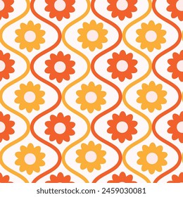 Retro Groovy Orange und Rote Blumen auf Mid Century oge nahtlose Muster. Für Bildschirmhintergrund, Wohnkultur und Stoff