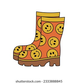 Retro groovy orange rubber boots with yellow smiling emoticons. Garden, autumn concept. Cartoon isolated vector illustration