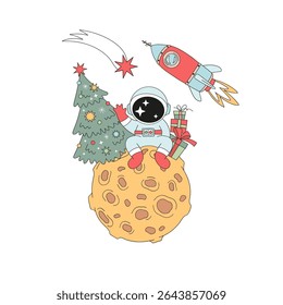 Retro Groovy Outer Space Christmas Vector Illustration of Astronaut Sitting on the Moon Under a Christmas Tree with Presents. Ideal for festive greeting cards, posters, wrapping paper, childrens books