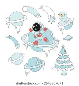 Retro Groovy Outer Space Christmas Vector Illustration set of Astronaut Ice Skating on Saturn Rings, Snowman Saturn, Icy Planets, Frozen Christmas Tree. Perfect for holiday cards, posters, stickers