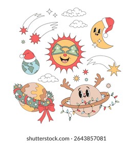 Retro Groovy Espaço Exterior Natal Vetor Ilustração Saturno com Antlers de Veado, Sol em Xmas Árvore Óculos, Lua Crescente e Terra em Chapéus de Santa, Wreath Ringed Planet. Perfeito para saudações de fim de ano