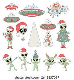 Espaço exterior retrô Groovy Natal Vetor Ilustração Conjunto de voadores e alienígenas verdes em chapéus de Papai Noel, Antlers, Roupas de Árvore de Natal e Acessórios. Perfeito para cartões de férias, desenhos infantis