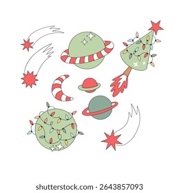 Retro Groovy Outer Space with Christmas Tree Rocket, Candy Cane Moon, Garlanded Planet, Saturn and comets Vector Illustration isolated on white. Perfect for holiday greeting cards, stickers, posters