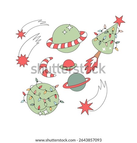 Retro Groovy Outer Space with Christmas Tree Rocket, Candy Cane Moon, Garlanded Planet, Saturn and comets Vector Illustration isolated on white. Perfect for holiday greeting cards, stickers, posters