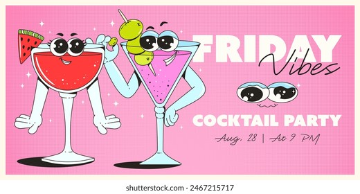 Retro Groovy Party Invitation. Funky cocktail characters. Vintage Friday vibes. Vector illustration.