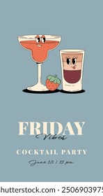 Retro Groovy Party Invitation. Funky cocktail characters strawberry margarita and b52. Vintage Friday vibes. Summer vector vertical poster