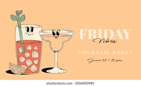 Retro Groovy Party Invitation. Funky cocktail characters bloody mary and daiquiri. Vintage Friday vibes. Summer vector horizontal banner