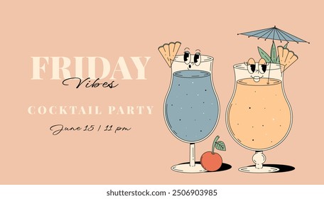 Retro Groovy Party Invitation. Funky cocktail characters pina colada and blue lagoon. Vintage Friday vibes. Summer vector horizontal banner