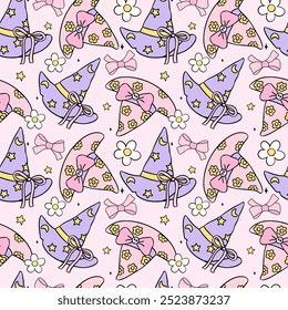 Retro Groovy Pastel Halloween girly witch hats Seamless Pattern Coquette floral Cute Cartoon repeat design isolated on background