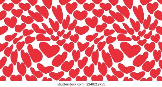 Retro Groovy Pattern with Red Hearts on White Background. Hippie Psychedelic Seamless Pattern for Valentine's Day. Abstract Vector Trippy Art Print.  Funky Texture in Trendy 60s 70s Cartoon Style