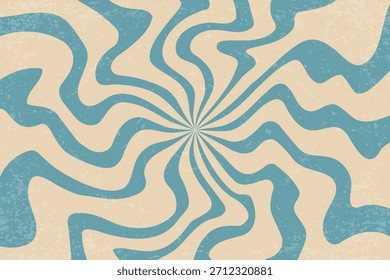 Retro groovy Muster der wirbelnden Sonnenstrahlen. Spirale psychedelische wellige Burst Hintergrund. 70er Jahre Vektor funky Sommer Bg für Poster. Vintage Radial Design. Verspielter kreisförmiger Blaudruck