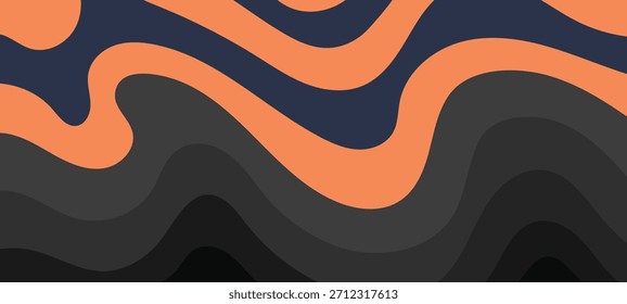Retro groovy pattern wavy background vector design in orange dark blue colors