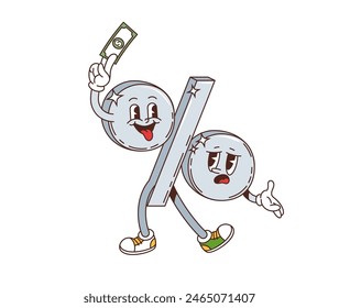 Retro groovy percent sign character showcasing contrasting emotions between happy and sad expressions while holding a money bill. Isolated cartoon vector percentage, financial personage in y2k style
