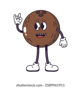 Retro groovy personage showing hand gesture of rock n roll. Vector isolated vintage exotic fruit with facial expressions, legs and arms. Gesturing and non verbal sign of coconut comic mascot