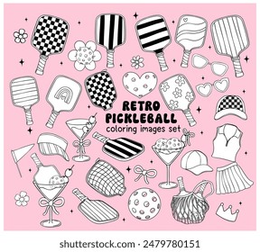 Retro Groovy Pickleball outline coloring images Vector Trendy Collection Doodle Drawing element set.