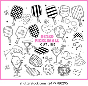 Retro Groovy Pickleball outline Vector Trendy Collection Doodle Drawing element set.