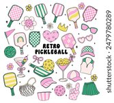 Retro Groovy Pickleball Vector Trendy Collection Doodle Drawing pink and green element set.