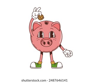 Retro groovy piggy bank character holding a coin and wearing sneakers, representing savings and finance. Isolated cartoon vector pink pig moneybox personage with a cheerful face, collecting money