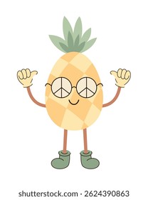 Retro groovy pineapple, cute cartoon tropical fruit. Fruit character, summer hand drawn vector illustration in flat style