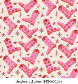 Retro Groovy Pink Cowgirl boots seamless pattern with happy faces, peace signs, retro flowers and stars . For fabric, textile and wrapping paper 