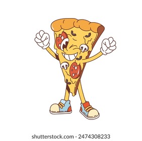 Retro groovy pizza slice character. Isolated cartoon vector fun fast food pizzeria personage with a smile, mushrooms, pepperoni and cheese, wears colorful sneakers, embodying a joyful energetic vibes