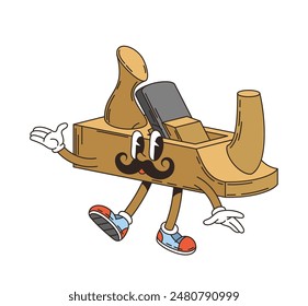 retro groovy plane tool character. Isolated cartoon vector jolly woodworking personage with a mustache and a cheerful expression, dressed in sneakers, exuding a friendly vibe, ready for carpentry task