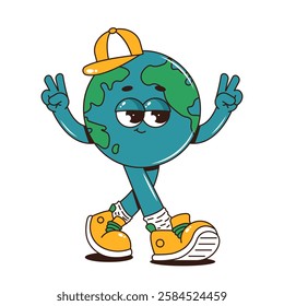 Retro groovy planet Earth character. Funky walking globe sticker in baseball cap and sneakers. Earth day, World Environment Day. Vector illustration