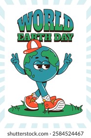 Retro groovy planet Earth character. Funky walking globe personage in baseball cap and sneakers. World Earth day vertical poster. Vector illustration