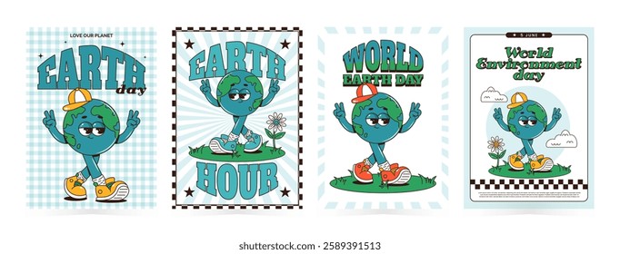 Retro groovy planet Earth character. Funky walking globe personage. World Environment day, Earth day, Earth hour vertical posters set. Vector illustration