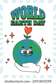 Retro groovy planet Earth character. Funky globe personage in hand with heart flower. World Earth day vertical poster. Vector illustration
