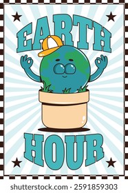 Retro groovy planet Earth character. Funky globe personage in pot with hat. Earth hour vertical poster. Vector illustration