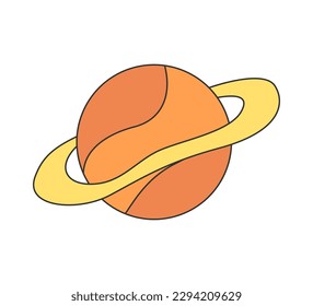 Retro groovy planet with ring. Vintage hippie funky cartoon Saturn symbol. Hippy style trendy y2k psychedelic vector isolated eps illustration