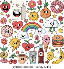 retro, groovy Playful stickers cartoon illustrations of food, nature, and fun elements. Perfect for various projects