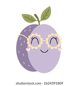 Retro groovy plum, cute cartoon seasonal fruit. Fruit character, summer hand drawn vector illustration in flat style
