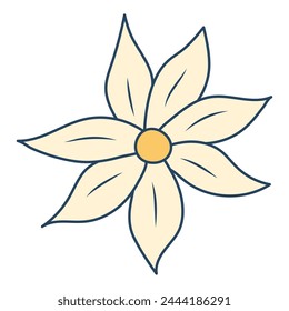 Retro groovy plumeria flower. Colorful cartoon psychedelic 60s, 70s style daisy. Minimalistic old-fashioned art design.