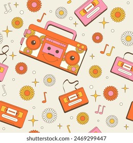 Retro Groovy Pop Eighties Boombox Radio Seamless Pattern. 80's Background Wallpaper