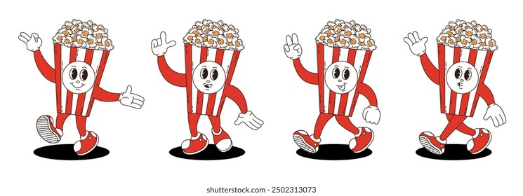 Retro groovy popcorn busket characters set. 