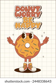 Retro groovy poster, card, banner for bakery, cafe and delivery. Cartoon mascot. Cute donut character.